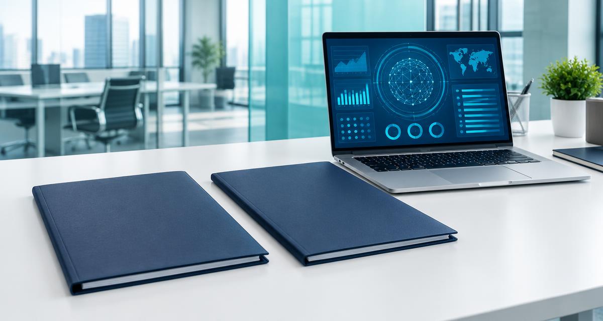 Two audit document folders beside a laptop showing a security dashboard